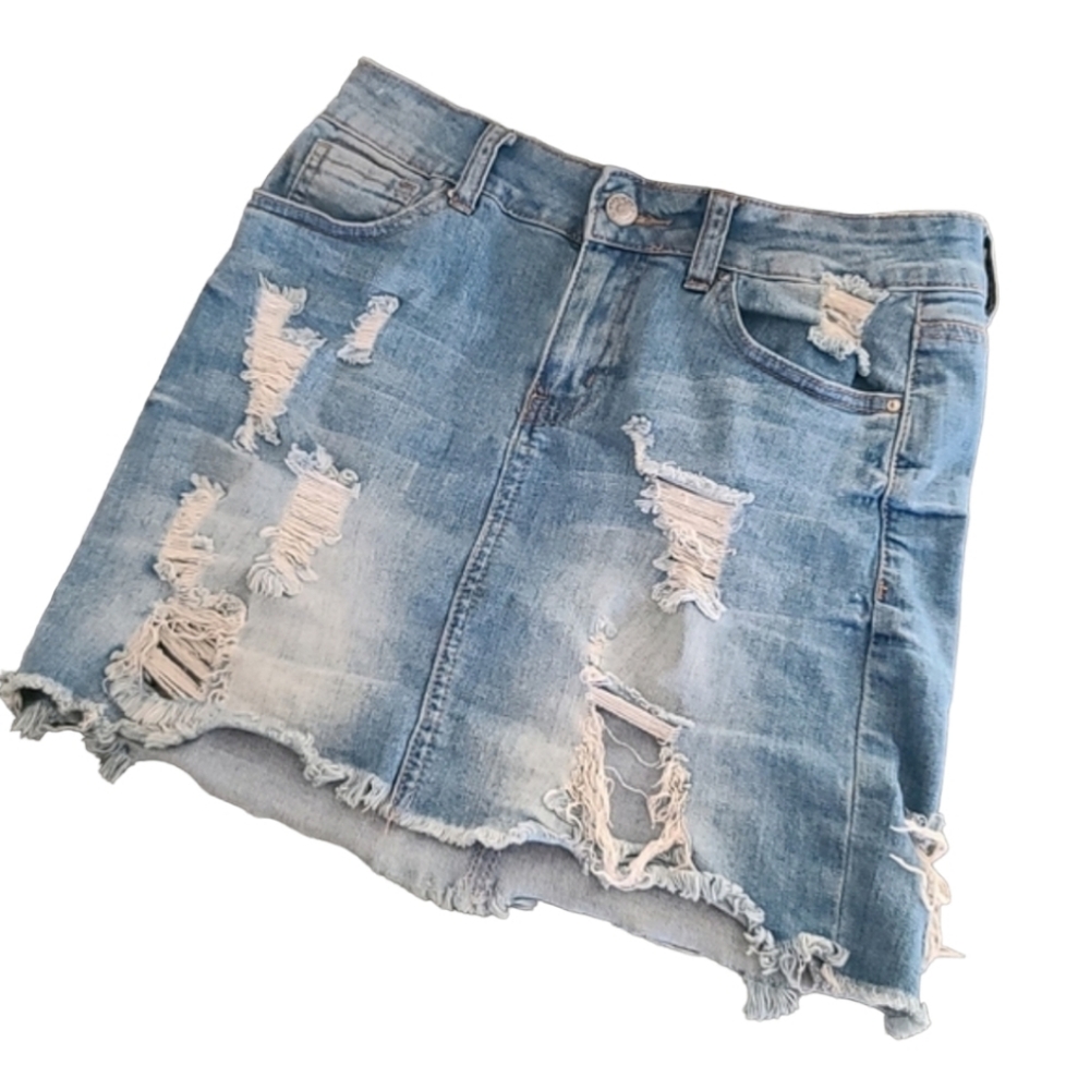 WAX JEAN Distressed Cut Off Jean Skirt S M Ripped Destroyed Denim Raw Hem Frayed - Picture 3 of 15